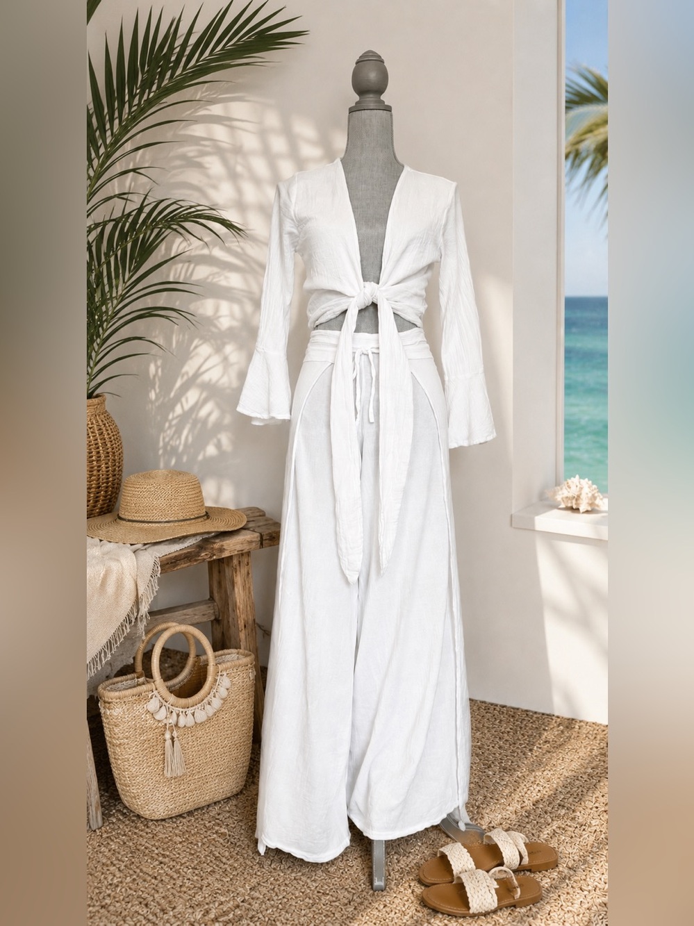 White Tie-Front Crop Top & Wide Leg Pants Set